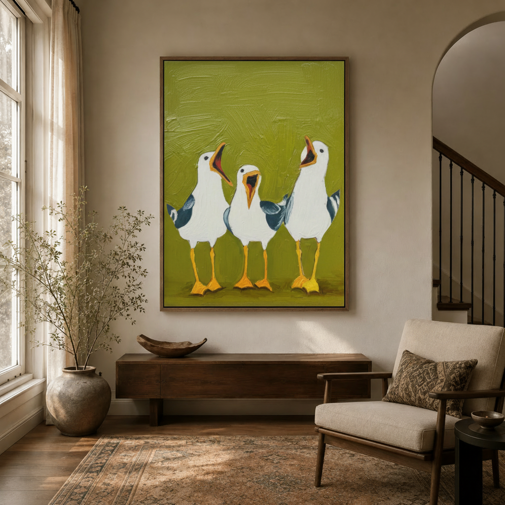 Singing seagulls folk art canvas hung above console table in bright modern entryway