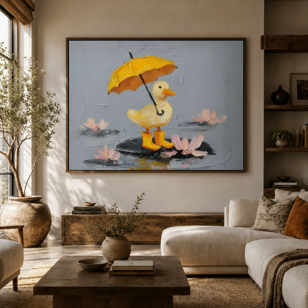 Framed duck with umbrella canvas print above sofa in cozy modern living room