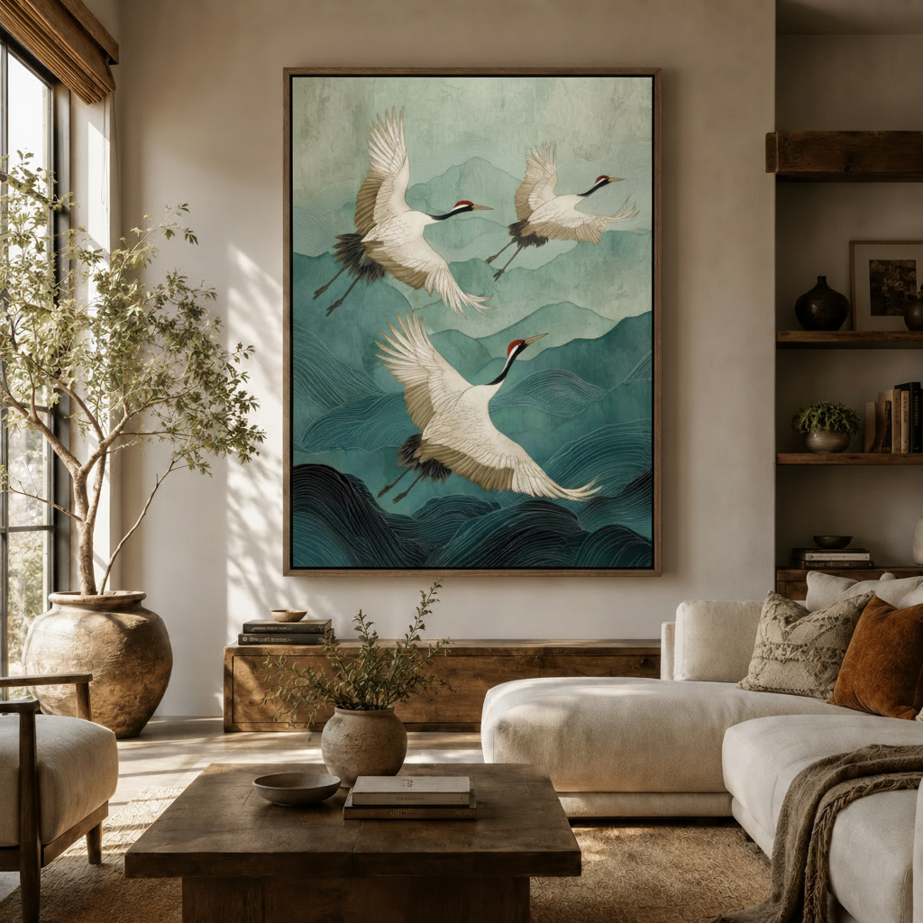 Large teal crane canvas print on living room wall above white sofa with rustic wood shelves and olive tree in sunlight