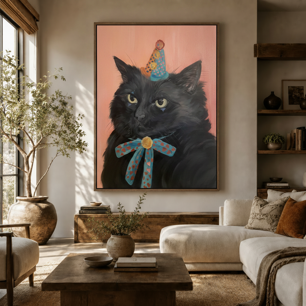 Funny black cat party hat oil painting canvas displayed above console in warm neutral living room