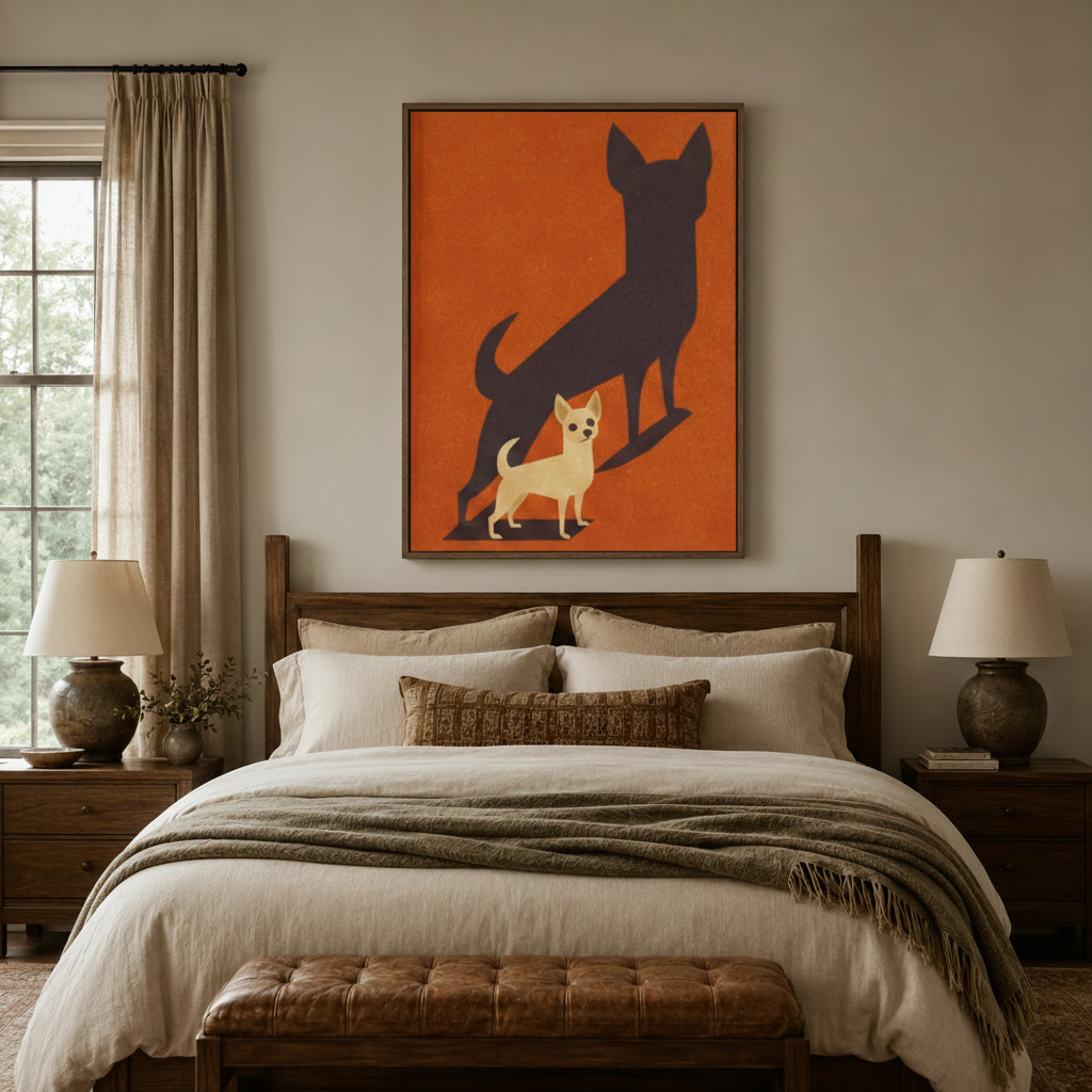 Chihuahua big shadow retro canvas wall art framed above walnut headboard in warm cream bedroom