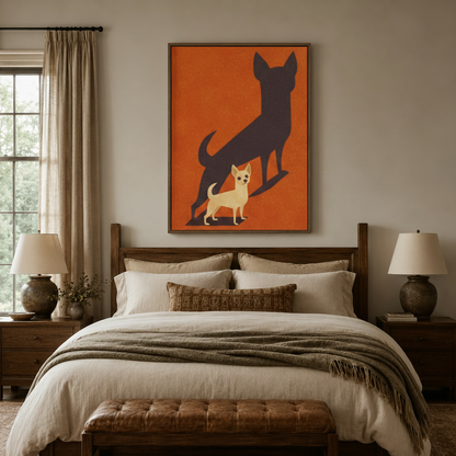 Chihuahua big shadow retro canvas wall art framed above walnut headboard in warm cream bedroom