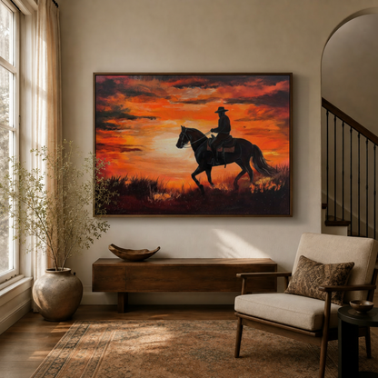 Western cowboy sunset canvas wall art displayed above entryway console in warm living room