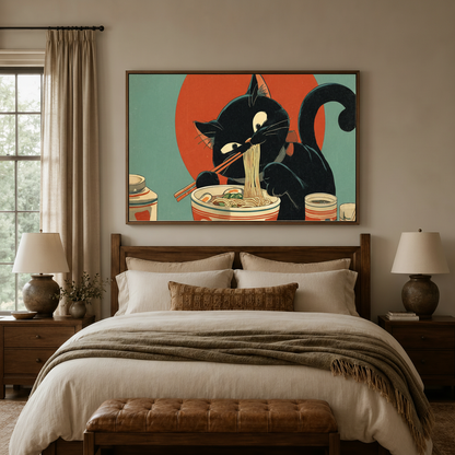 Black cat ramen Japanese vintage canvas wall art framed in dark walnut, bedroom scene