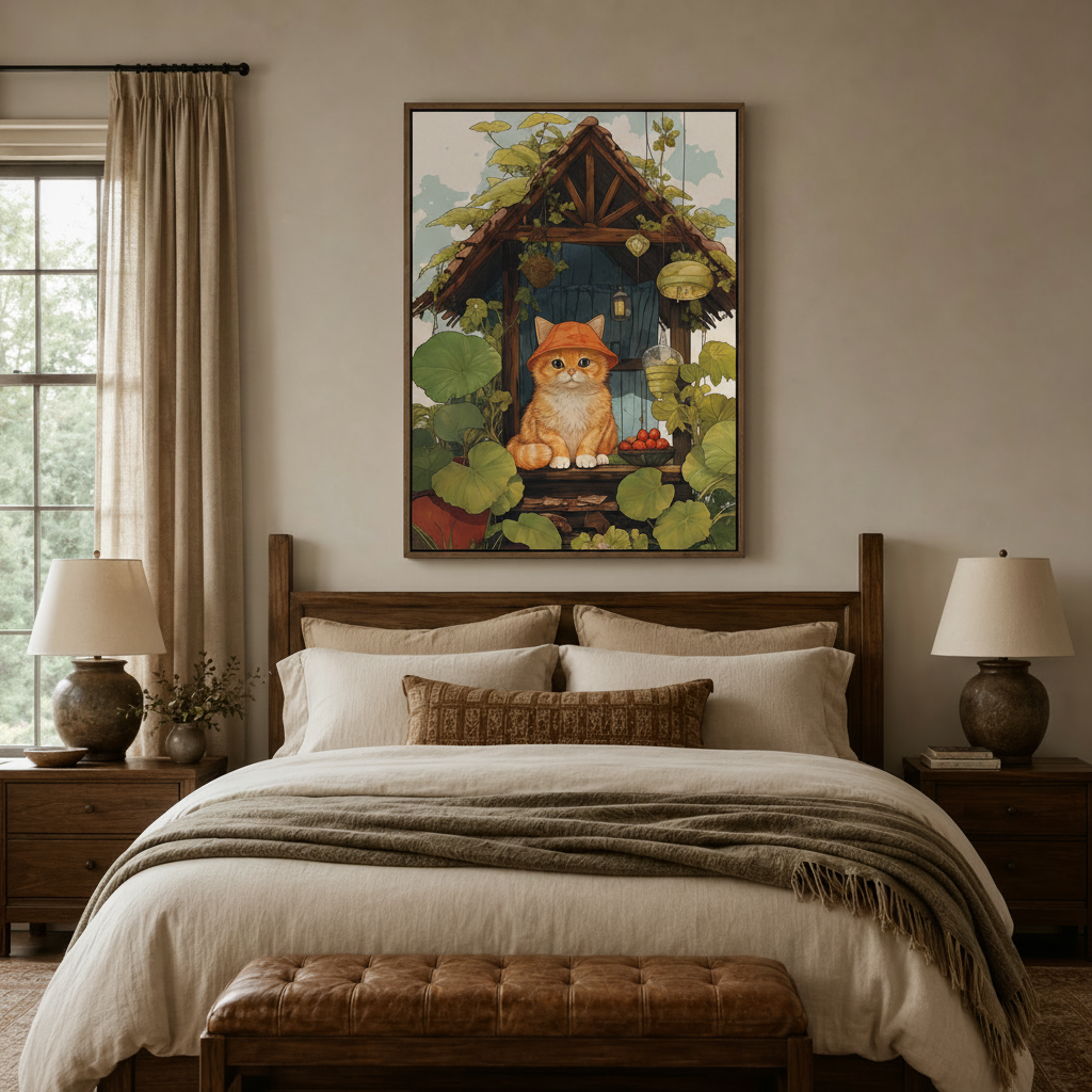 Whimsical orange cat cottage canvas wall art in dark frame displayed above bed in cozy bedroom