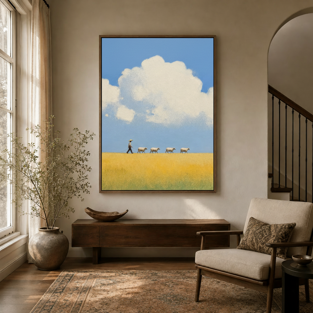 Minimalist shepherd canvas wall art in dark frame displayed in a warm entryway above a wood console