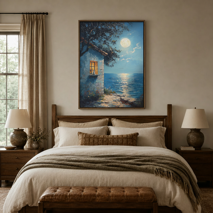Moonlit cat canvas wall art hung above bed in warm neutral bedroom with walnut headboard and cream bedding