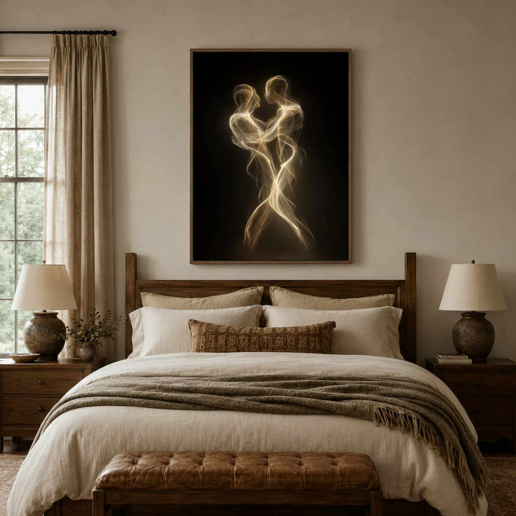 Golden light couple dancing canvas wall art displayed above a dark walnut bed in a warm neutral bedroom