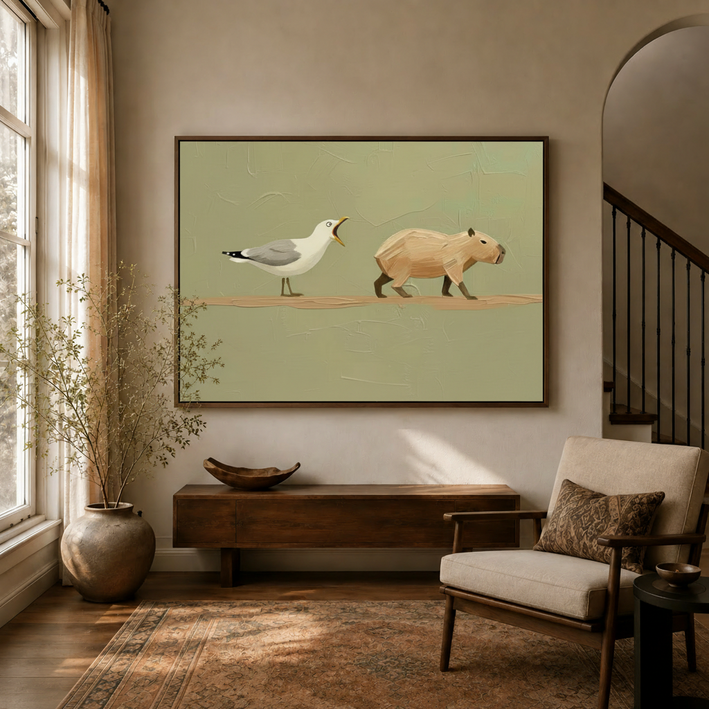 Minimalist seagull yelling at capybara canvas in dark walnut float frame above console in warm entryway