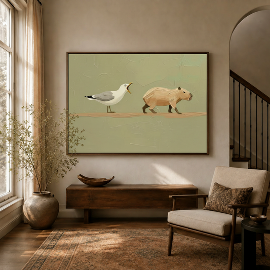 Minimalist seagull yelling at capybara canvas in dark walnut float frame above console in warm entryway