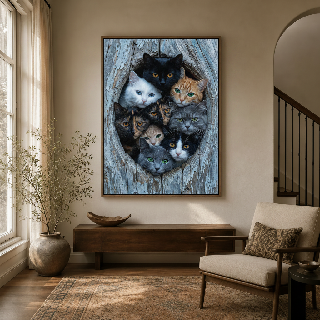 Nine cats peering from wood hollow canvas art in entryway scene