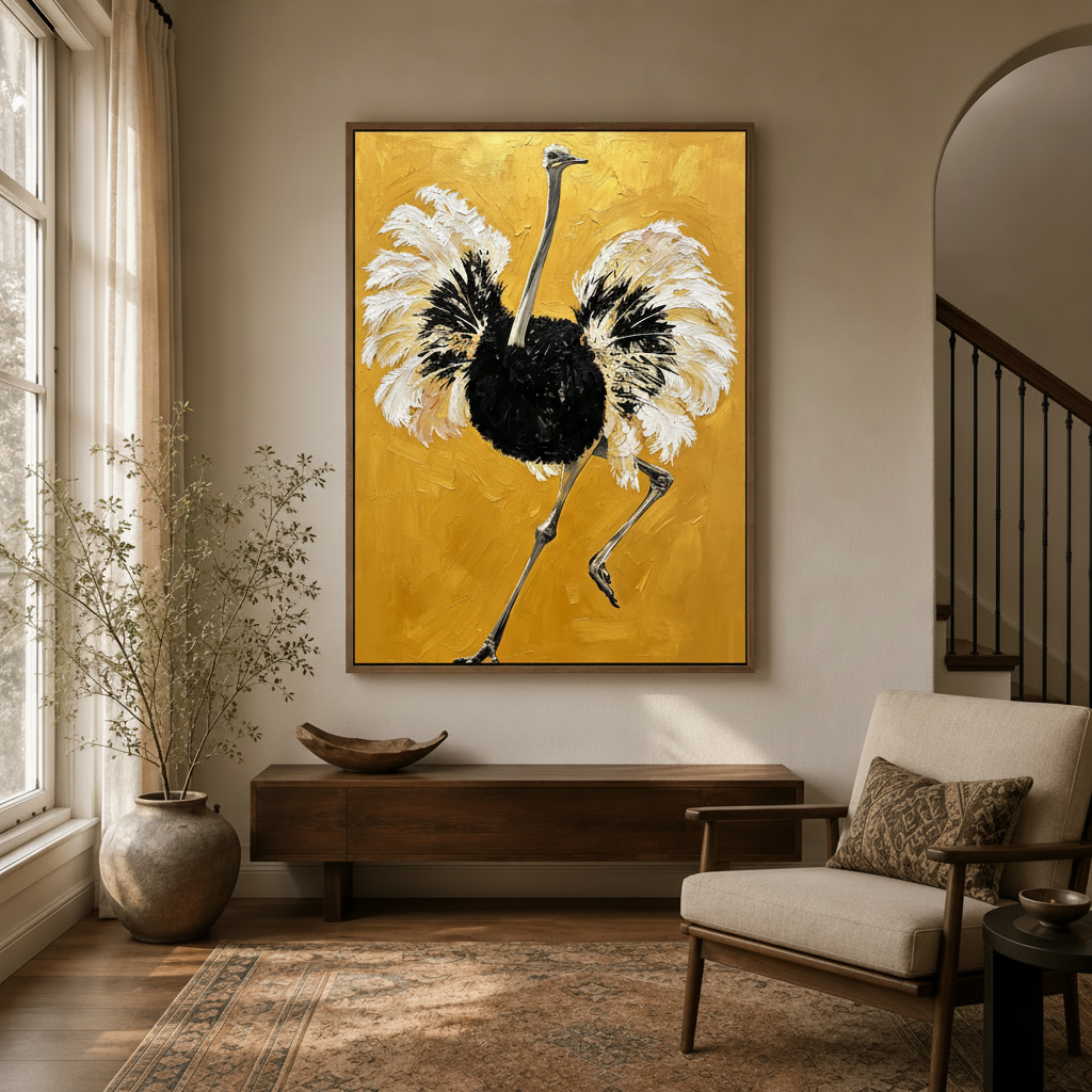 Bold ostrich impasto canvas print in walnut frame displayed in a warm entryway above a dark sideboard
