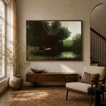 Whimsical pig forest pond oil painting displayed above a sideboard in a warm entryway