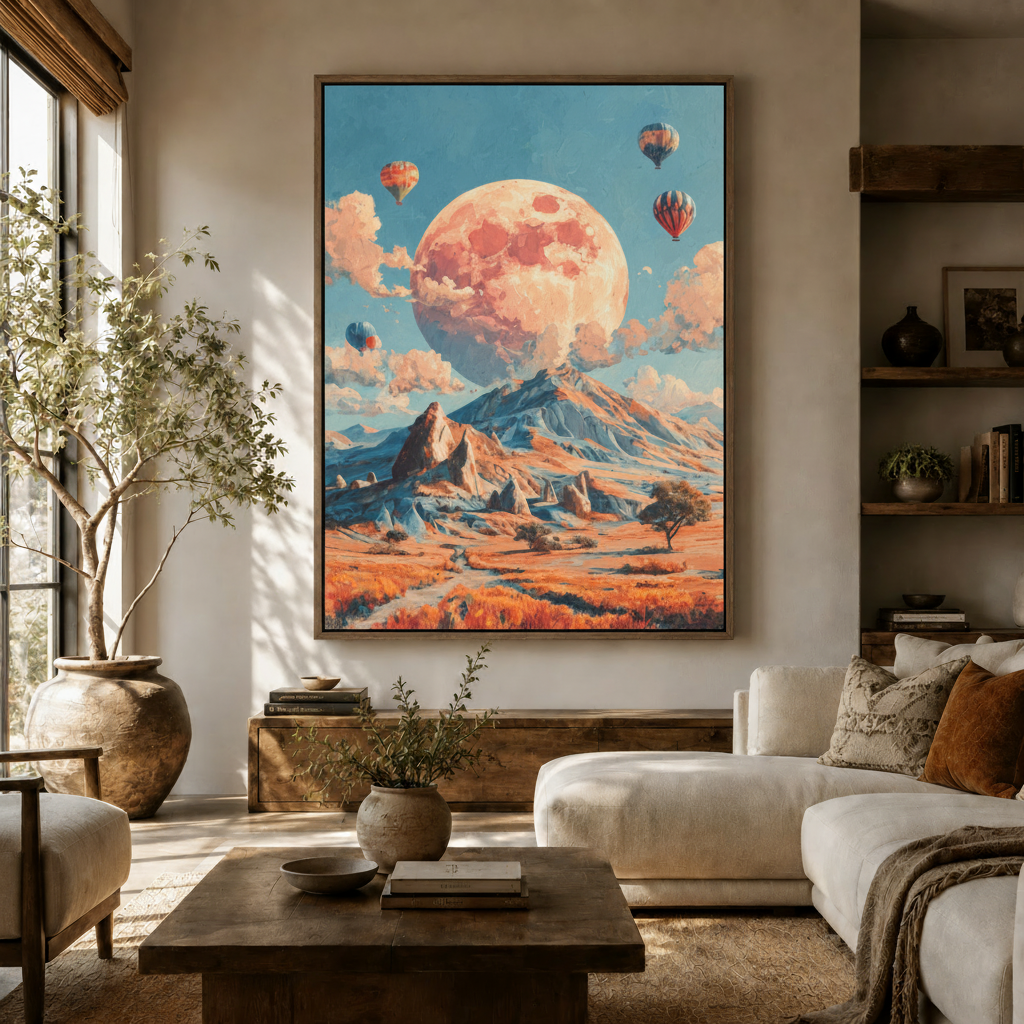 Hot air balloon full moon oil painting canvas art displayed in bright modern living room