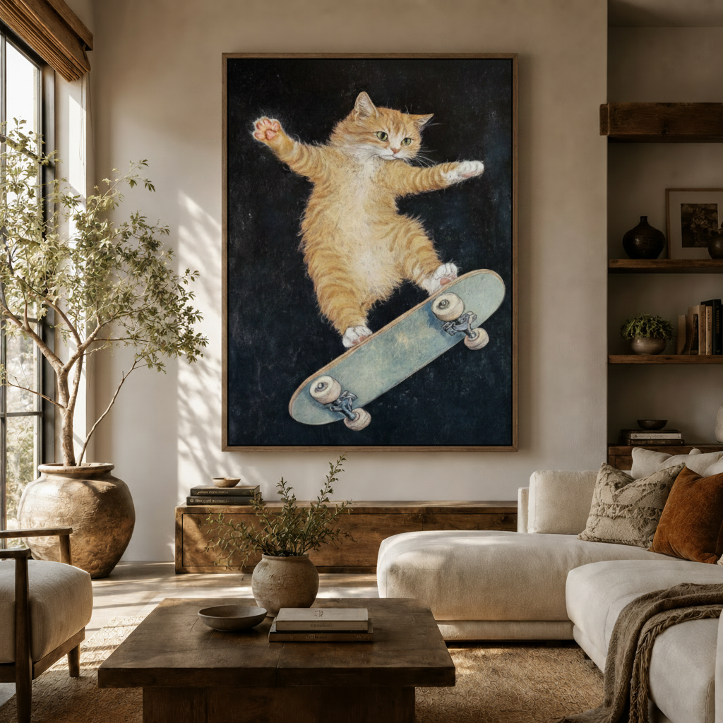 Skateboarding cat oil painting canvas print above cream sofa in a warm modern living room setting
