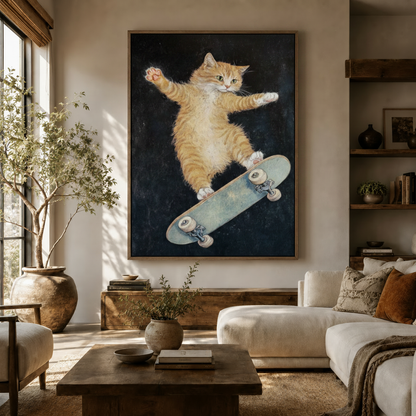 Skateboarding cat oil painting canvas print above cream sofa in a warm modern living room setting