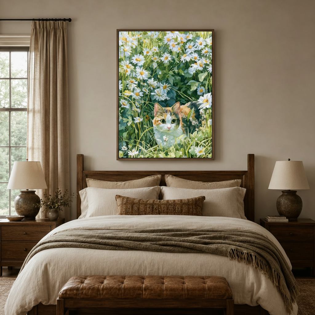 Watercolor calico cat in daisy field canvas wall art displayed above bed in warm bedroom interior