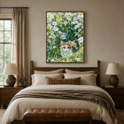 Watercolor calico cat in daisy field canvas wall art displayed above bed in warm bedroom interior