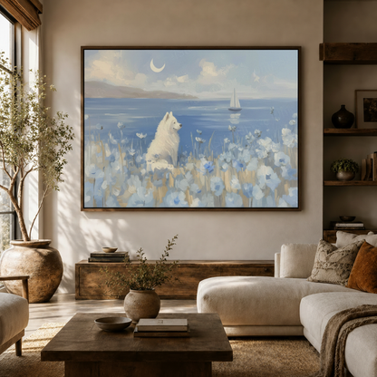 Samoyed wildflower ocean impressionist canvas wall art displayed in warm neutral living room