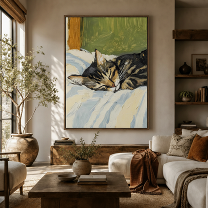 Sleeping tabby cat impressionist oil canvas in float frame styled in warm neutral living room