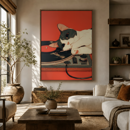 Japanese retro cat canvas wall art displayed in warm neutral living room above white sofa