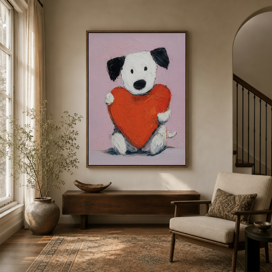 Whimsical puppy holding red heart canvas wall art in walnut frame displayed in warm neutral entryway