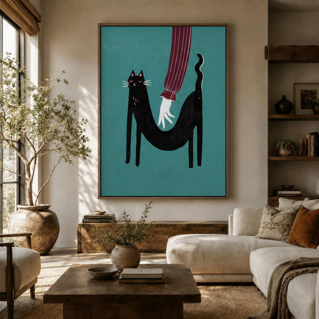 White cat in pink sunglasses and shark retro collage wall art in framed living room above wooden sideboard