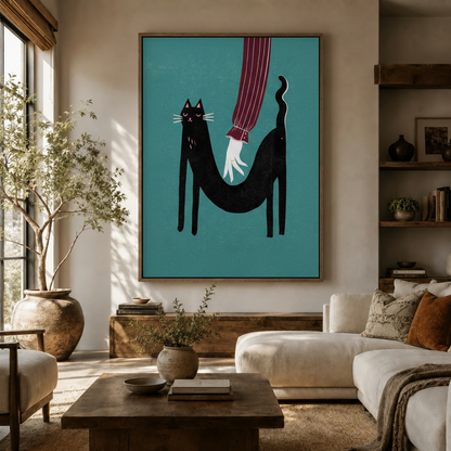 White cat in pink sunglasses and shark retro collage wall art in framed living room above wooden sideboard