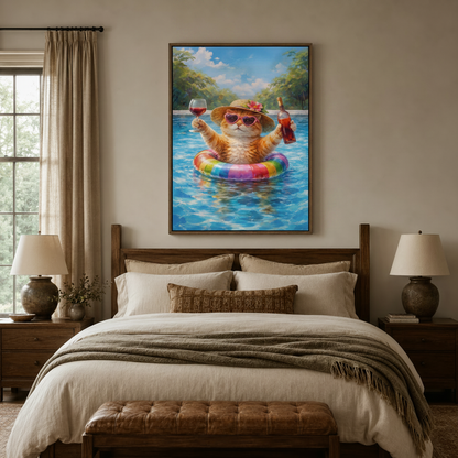 Funny orange cat pool party canvas in walnut float frame above cozy bedroom headboard