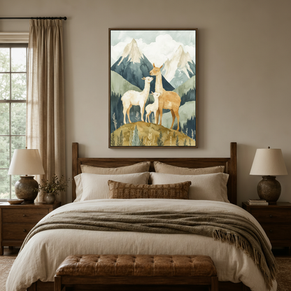 Watercolor llama family canvas wall art framed above bed in warm cozy bedroom