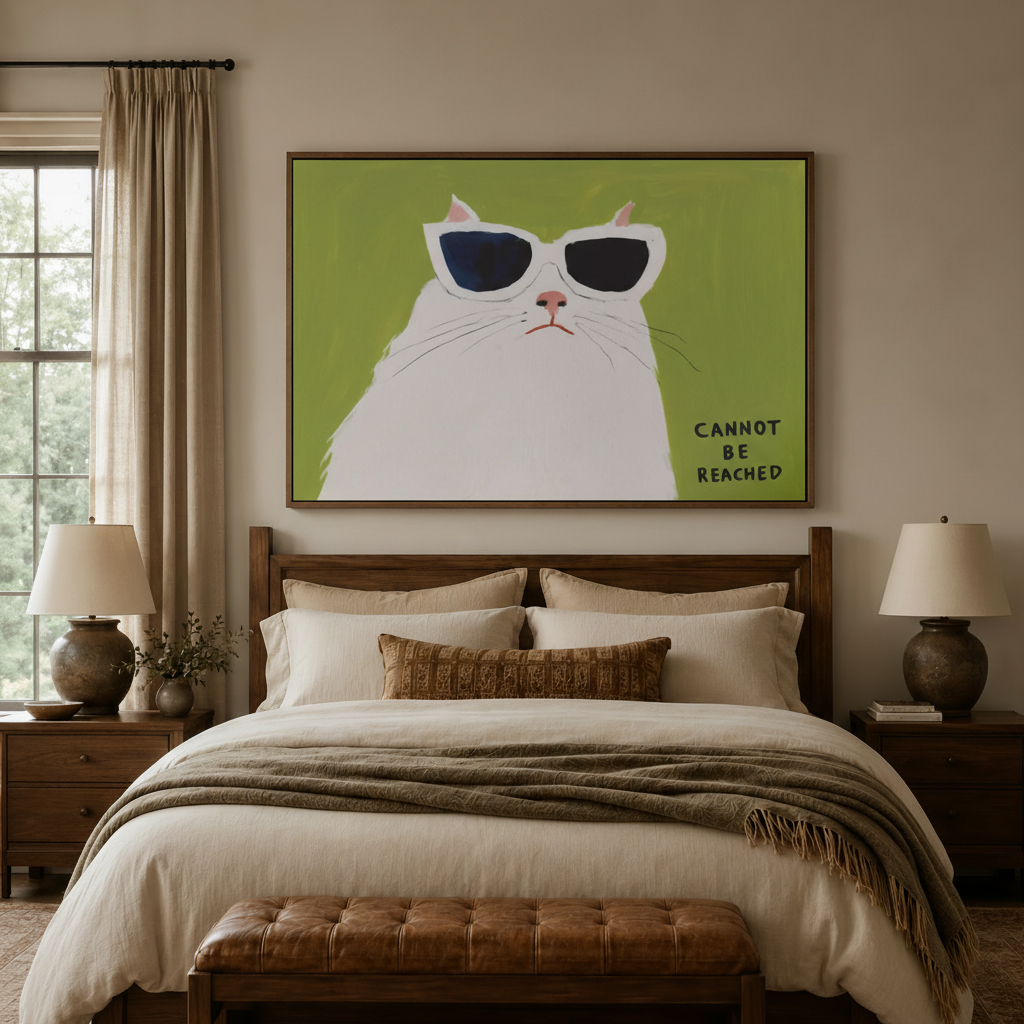 Cannot be reached funny white cat canvas wall art above bed in warm bedroom scene