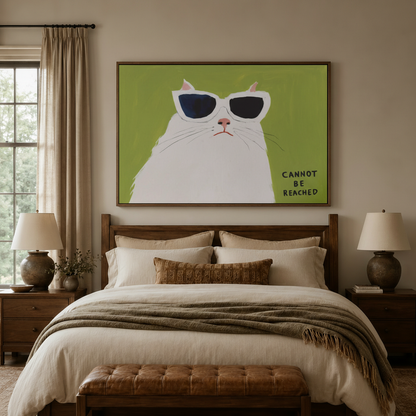Cannot be reached funny white cat canvas wall art above bed in warm bedroom scene