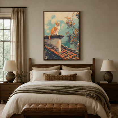 Vintage orange cat rooftop canvas wall art in dark frame displayed above bed in cozy bedroom