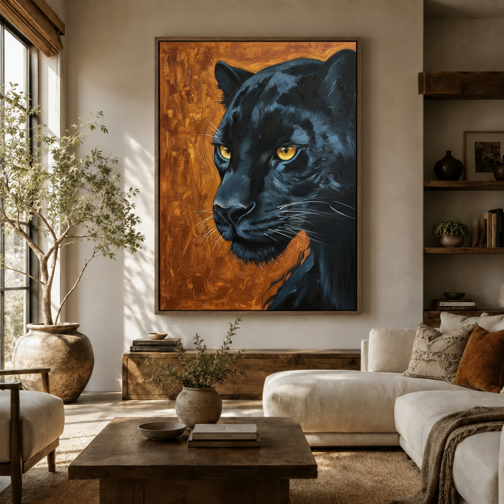 Black panther oil painting canvas art in dark walnut frame above console in warm Japandi living room