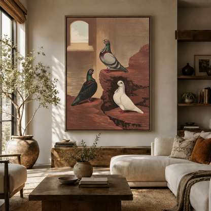 Large vintage bird oil painting canvas hung above sofa in a sunlit earthy-toned living room