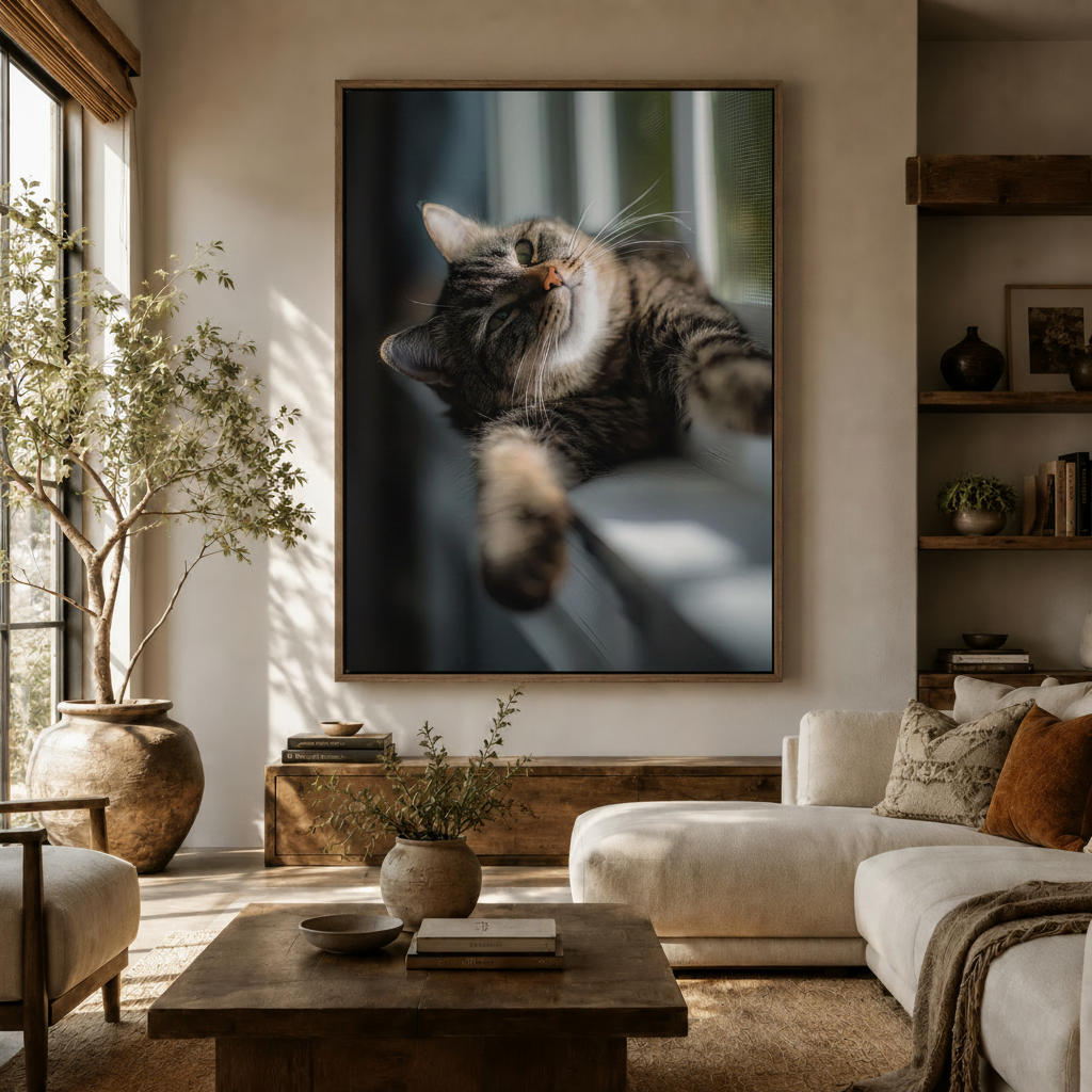 Lazy tabby cat sunbathing close-up photo canvas wall art displayed in warm modern living room