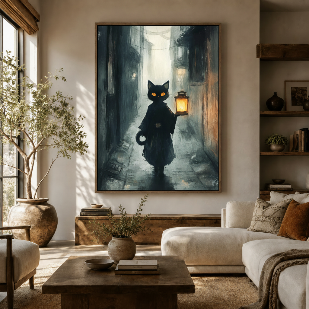 Black cat lantern dark alley fantasy oil painting canvas wall art in bright modern living room