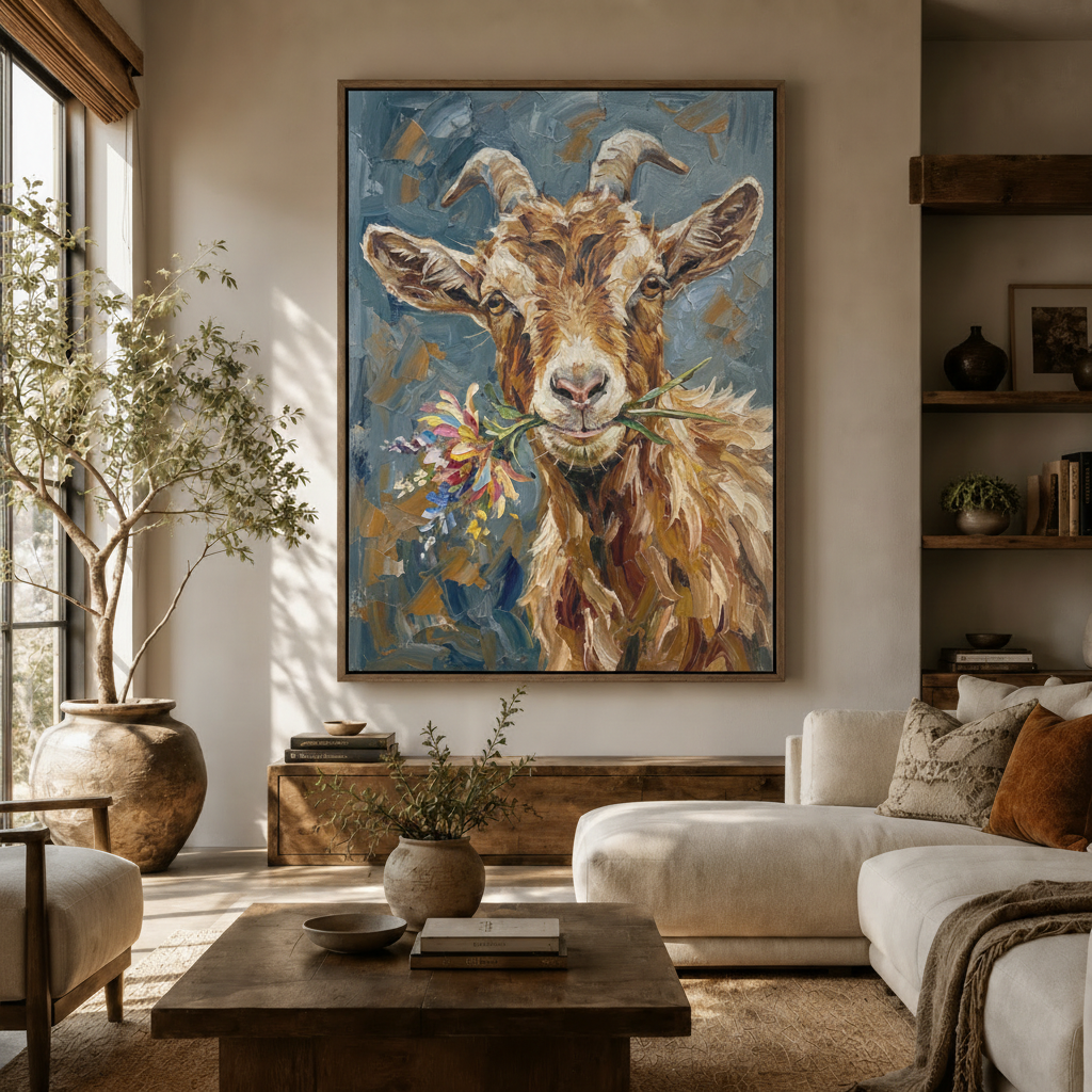 Impasto oil painting of a golden-brown goat holding colorful wildflowers in its mouth, living room scene