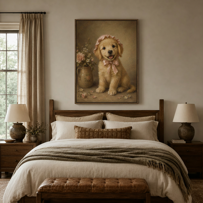 Fluffy golden retriever puppy pink lace bonnet Victorian portrait canvas in walnut float frame above cozy bedroom