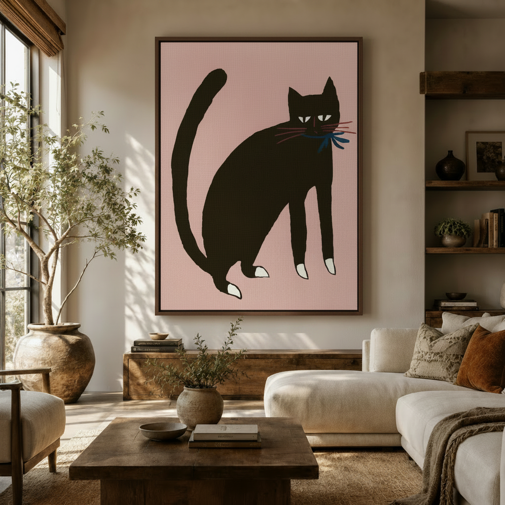 Black cat folk art framed canvas print hanging in warm living room with olive tree and white sofa