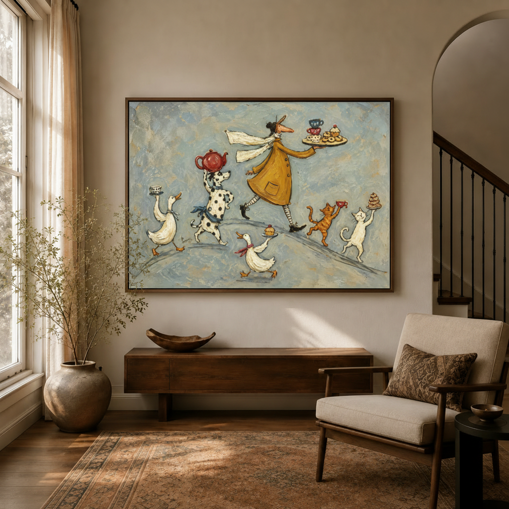 Whimsical tea party folk art canvas hanging above sideboard in warm neutral living room