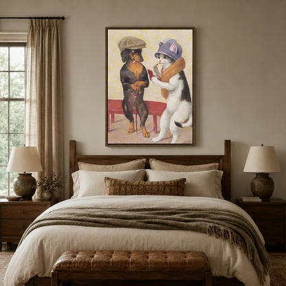 Vintage dachshund and cat anthropomorphic canvas wall art above bed in cozy neutral bedroom with walnut headboard