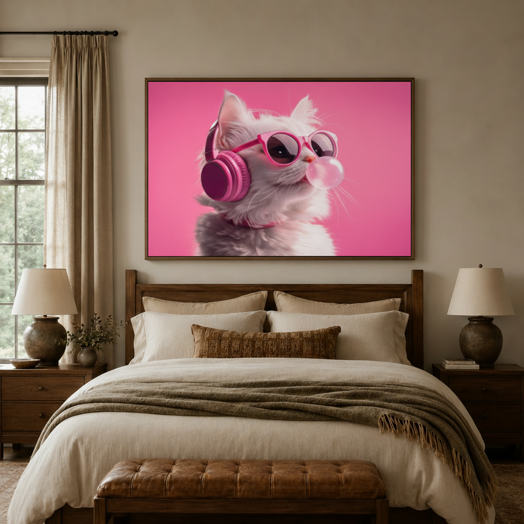 Cool cat pink headphones canvas wall art displayed large above dark walnut headboard in warm cream bedroom