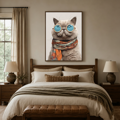 Fancy cat blue sunglasses scarf portrait canvas in walnut float frame above cozy bedroom headboard