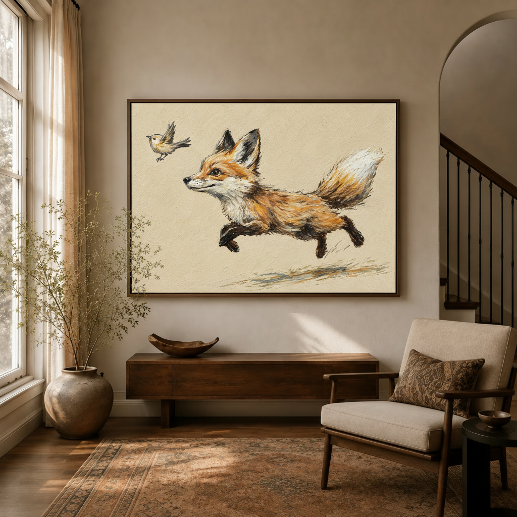 Whimsical running fox canvas wall art in a warm neutral living room