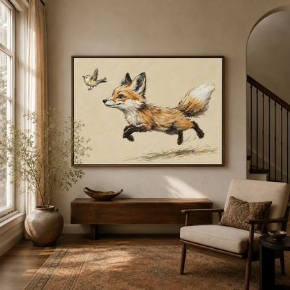 Whimsical running fox canvas wall art in a warm neutral living room