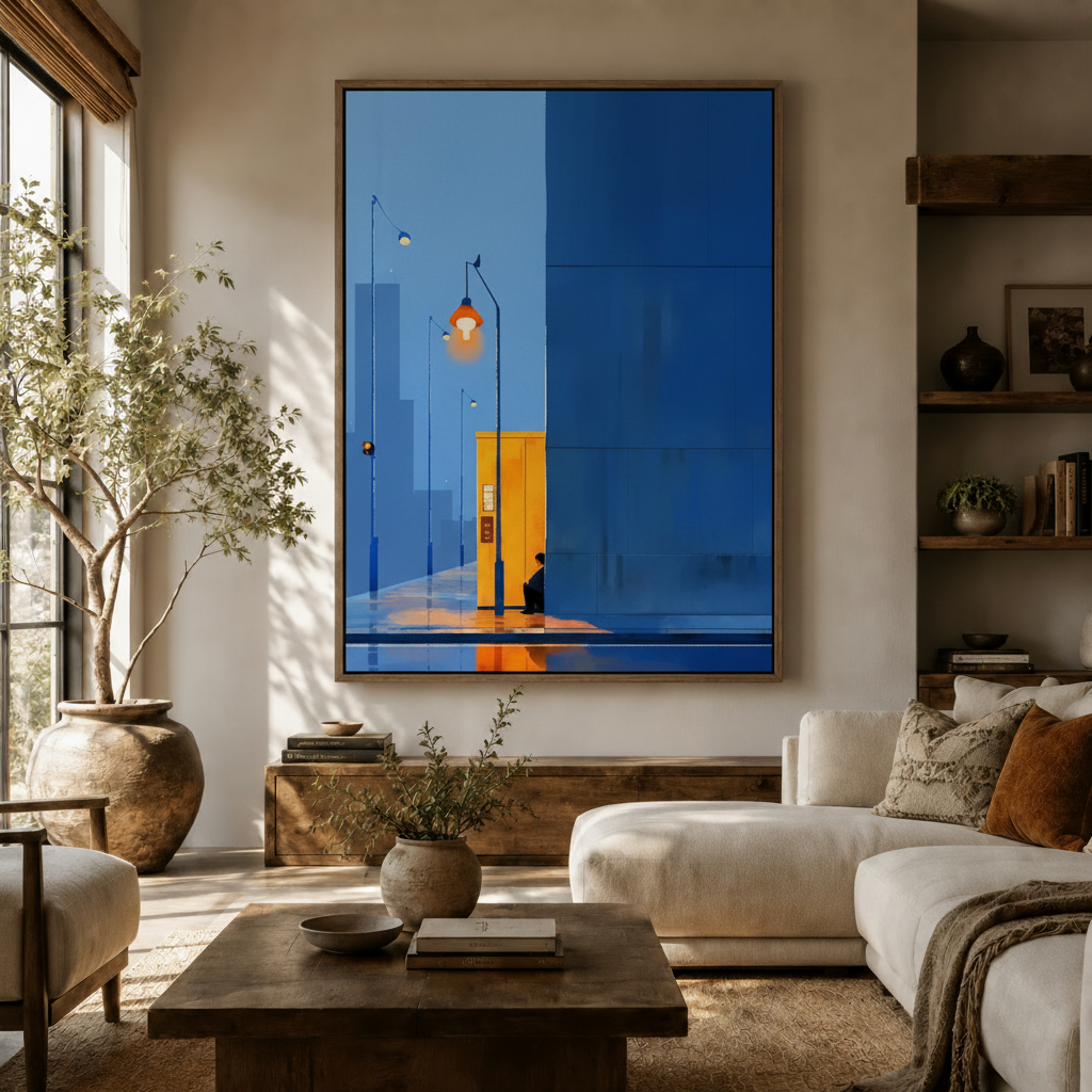 Minimalist city night canvas print displayed above console in a warm neutral living room