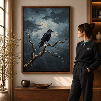Storm raven impasto canvas wall art displayed in a warm modern living room