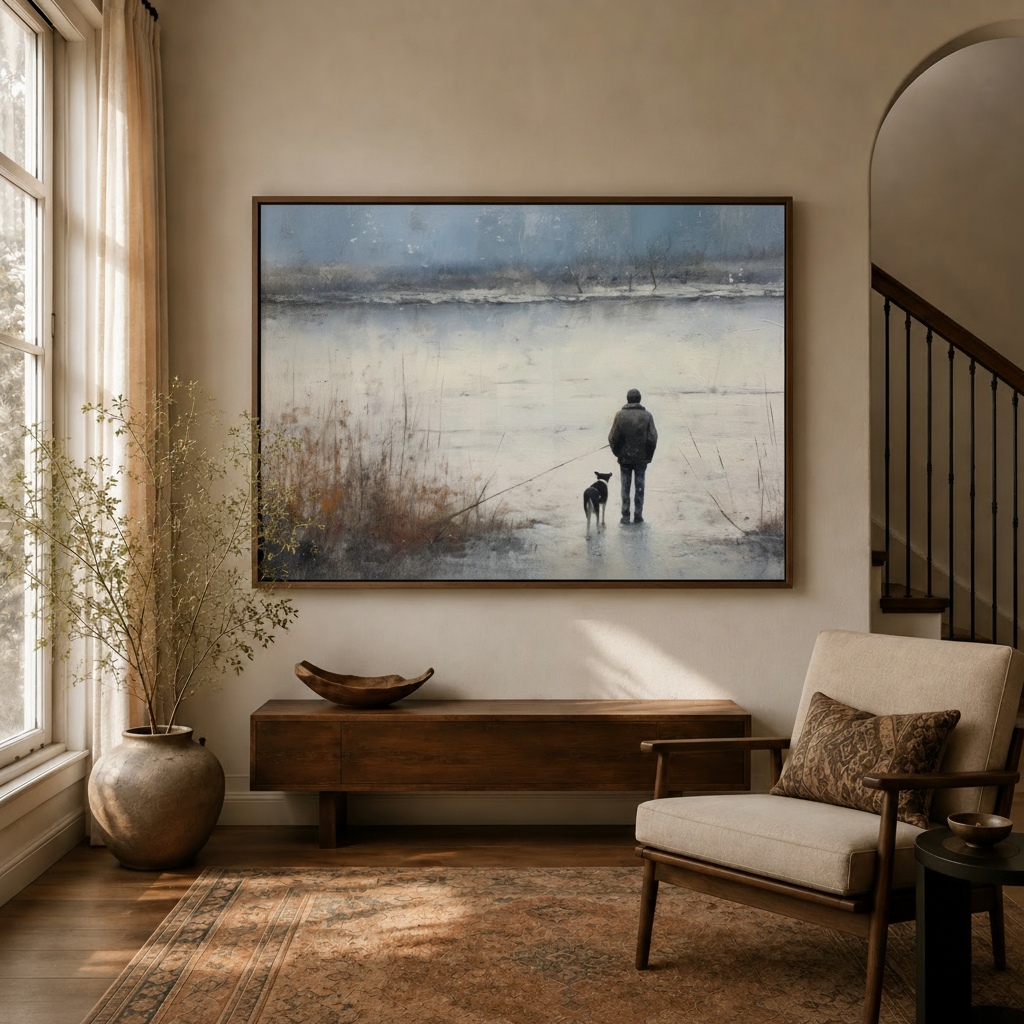 Framed man and dog winter canvas wall art above a wood console in a warm neutral entryway