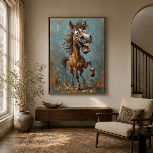 Funny laughing horse canvas wall art displayed in a warm entryway above a dark walnut console table